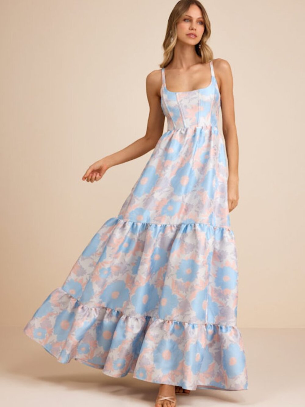 Lulus Avalie Cream Floral Tiered Bustier Maxi Dress White - Size XS